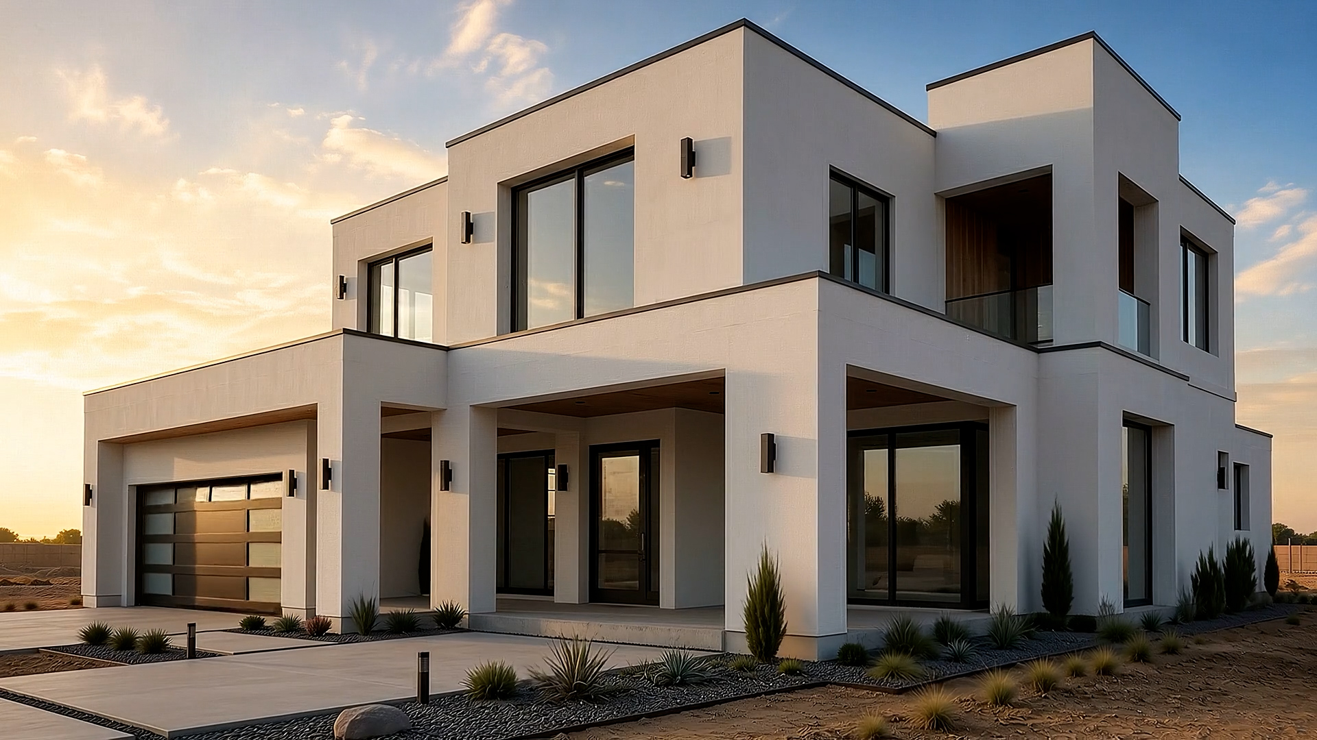 Completed SCIP home with finished stucco, glazing, and landscaping